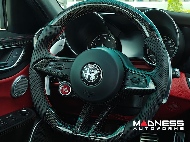 Alfa Romeo Giulia Custom Steering Wheel - Carbon Fiber - Round Top/ Flat Bottom - QV Models - Perforated Leather 
